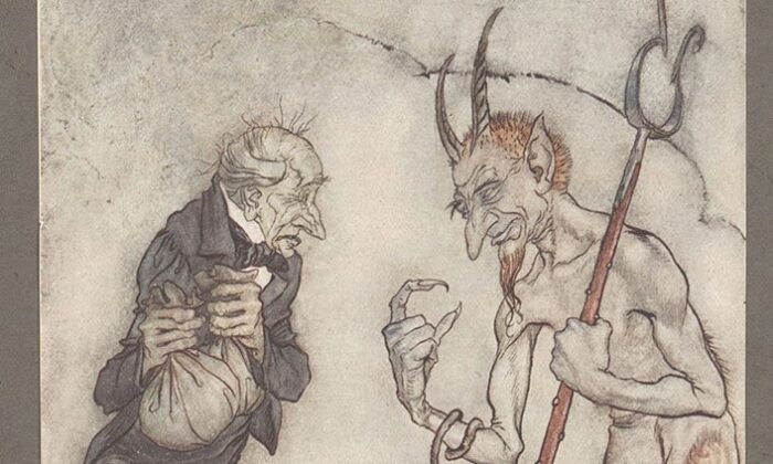 Un dettaglio di «Old Scratch ha finalmente il suo, eh?» 1915, di Arthur Rackham. Illustrazione. (Dominio pubblico)