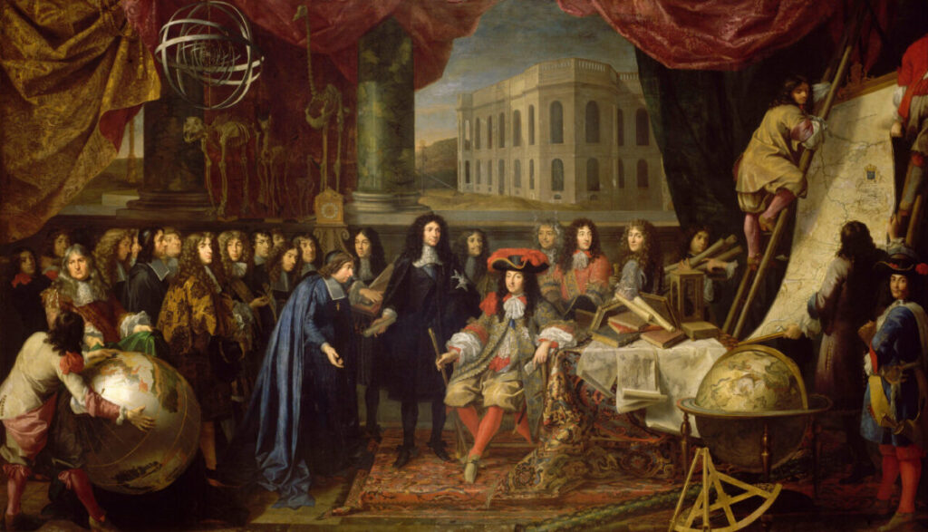 Jean Baptiste Colbert, che presenta i membri dell’Accademia Reale delle Scienze a Luigi XIV nel 1667. ‘Fondazione dell’Accademia delle Scienze Francese e dell’Osservatorio di Parigi’, di Henri Testelin dopo Charles Le Brun. Palazzo di Versailles, Parigi. (Dominio pubblico)
