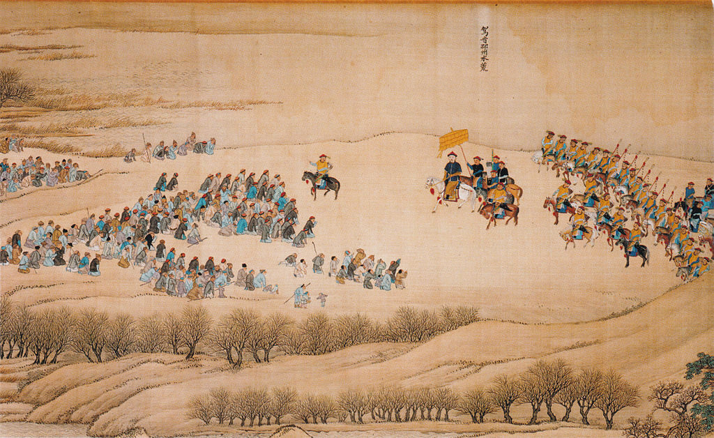 ‘L’imperatore Kangxi viaggia a sud, pergamena quattro: confine Shandong-Jiangsu alla confluenza del Fiume Giallo e il fiume Huai’, tra il 1632 e il 1717. Di Wang Hui. Museo Guimet. (Dominio pubblico)