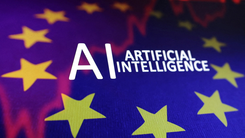 FILE PHOTO: EU flag, stock graph and "AI ARTIFICIAL INTELLIGENCE" words are seen in this illustration taken, May 21, 2024. REUTERS/Dado Ruvic/Illustration/File Photo