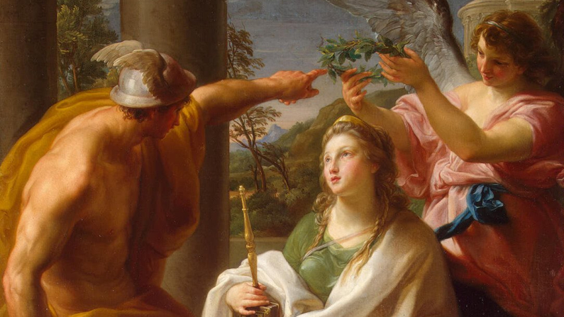 Mercurio Coronazione Filosofia, Madre dell'Arte, 1747, di Pompeo Batoni.Pubblico dominio oceansbridge.com