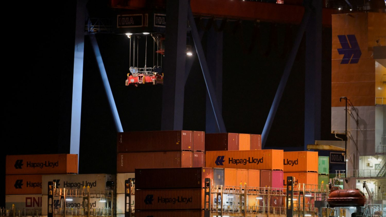 Container al terminal di carico "Altenwerder" nel porto di Amburgo, Germania, 17 febbraio 2025. (REUTERS/Fabian Bimmer)