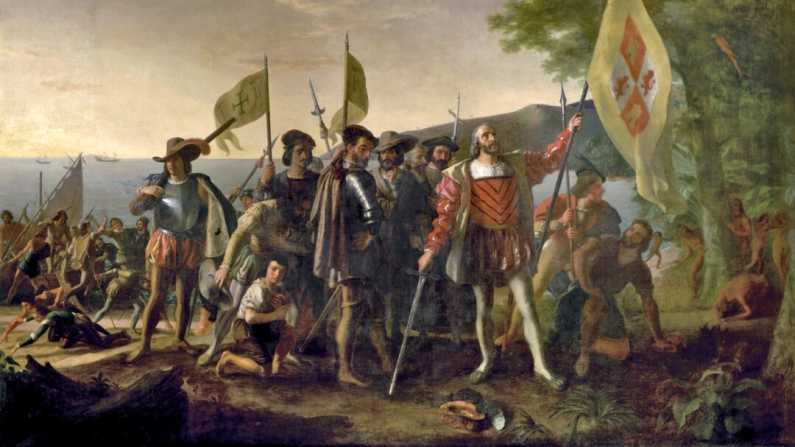 Cristoforo Colombo mentre sbarca nelle Indie Occidentali, su un'isola che chiama San Salvador, il 12 ottobre 1492. Immagine di Pubblico dominio