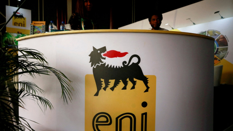 FILE PHOTO: FILE PHOTO: The logo of Italian energy company Eni is seen on a booth stand during the Nigeria International Petroleum Summit in Abuja, Nigeria February 11, 2020. REUTERS/Afolabi Sotunde/File Photo