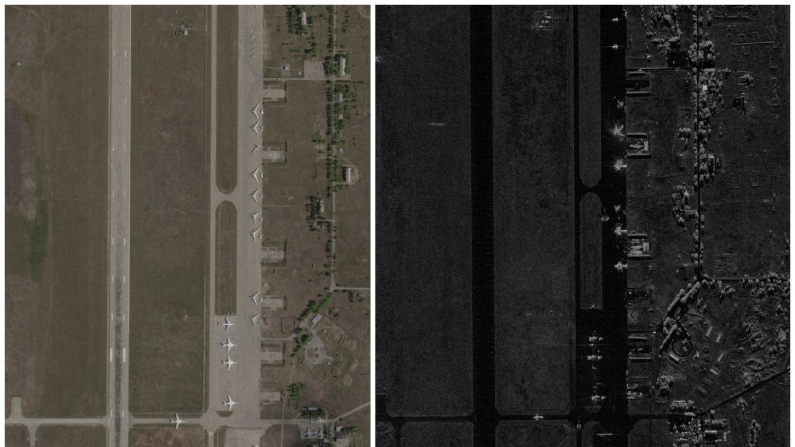 Un'immagine combinata mostra le immagini satellitari dell'aeroporto di Belaya, prima e dopo l'attacco dei droni ucraini contro gli aeroporti militari russi (Reuters)
