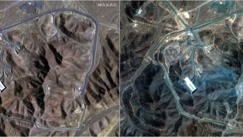 Un'immagine combinata mostra le immagini satellitari del complesso sotterraneo di Fordow, prima e dopo l'attacco degli Stati Uniti all'impianto nucleare sotterraneo, vicino a Qom, Iran, il 20 giugno 2025 (sinistra) e il 22 giugno 2025. MAXAR TECHNOLOGIES/Handout via REUTERS