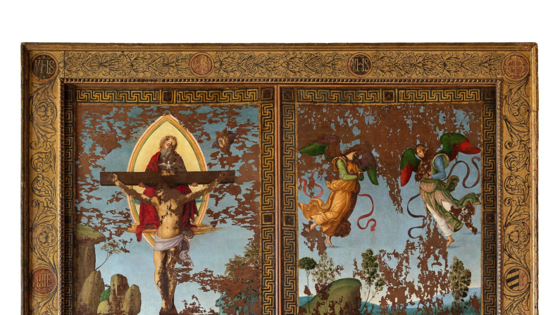 Stendardo processionale della S.S. Trinità di Raffaello. Raﬀaello (Urbino, 1483 – Roma, 1520)
Gonfalone della Santissima Trinità a due facce
Trinità tra i santi Sebastiano e Rocco
Creazione di Eva e due angeli
1499-1501
olio su tela
(Città di Castello, Pinacoteca comunale)