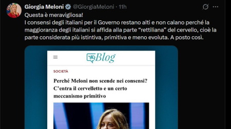 Meloni ironizza su X: consensi alti grazie al cervello rettiliano degli italiani