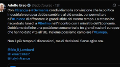 Urso: con Francia e Germania per una nuova politica industriale europea