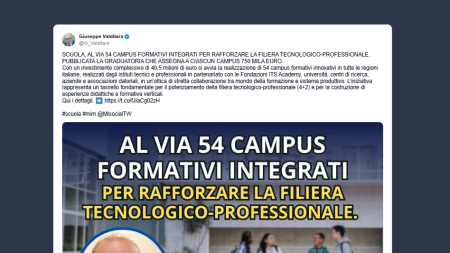 Valditara: 40 milioni destinati a 54 campus formativi