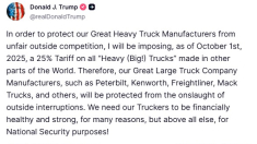 Trump: dazi del 25% sui camion stranieri per proteggere l’industria Usa