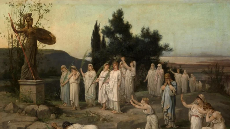 Hector Leroux, “Adorazione della dea Pallade Atena”, 1878. Pubblico dominio.