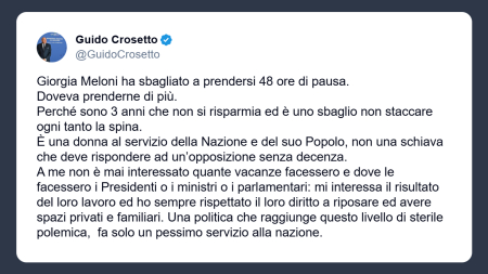 Crosetto su vacanza Meloni: opposizione fa politica sterile Un pessimo servizio alla Nazione