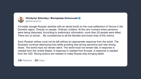 Zelensky: brutale attacco aereo russo sui civili Serve risposta severa dal mondo intero