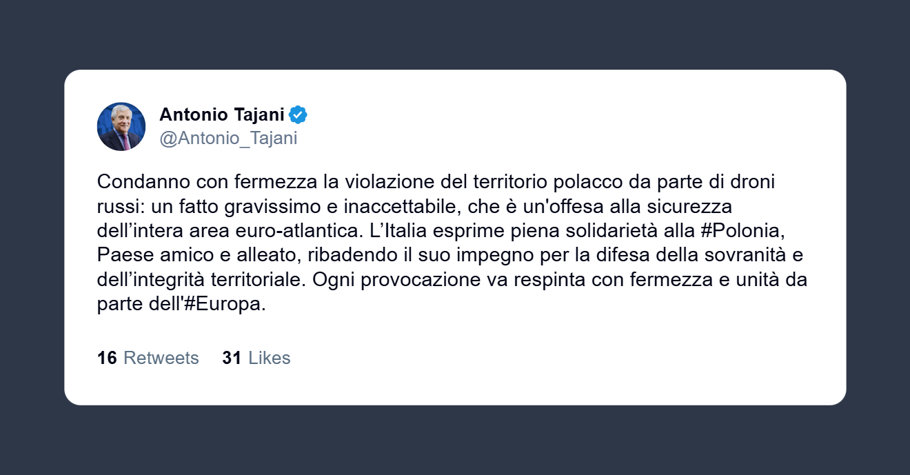 Tajani: droni russi in Polonia fatto gravissimo Provocazioni vanno respinte dall’Europa