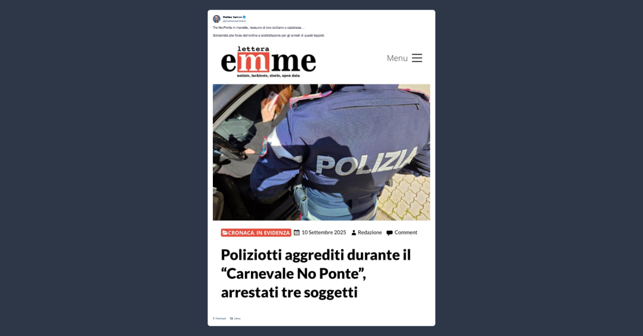Salvini: in manette tre “No Ponte” Non sono siciliani o calabresi