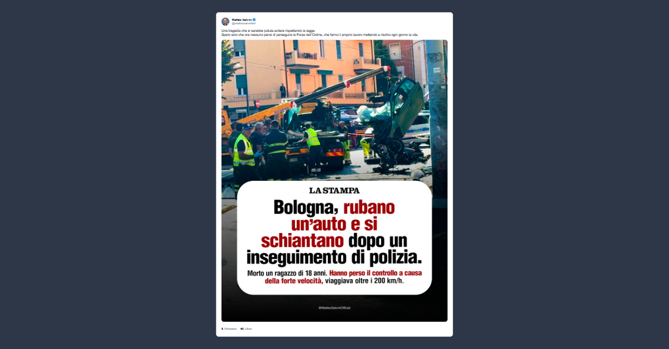 Salvini su incidente auto a Bologna: spero che nessuno perseguiti le Forze dell’Ordine