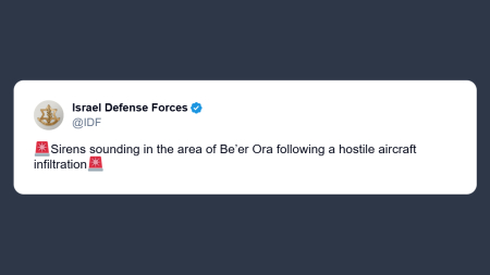 Forze Difesa Israeliane: infiltrazione velivolo ostile nella zona di Be’er Ora