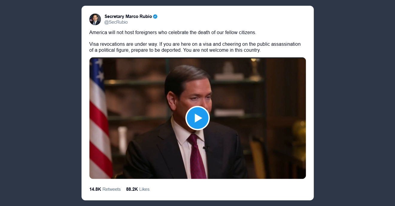 Rubio: non saranno più ammessi stranieri che celebrano la morte di Kirk