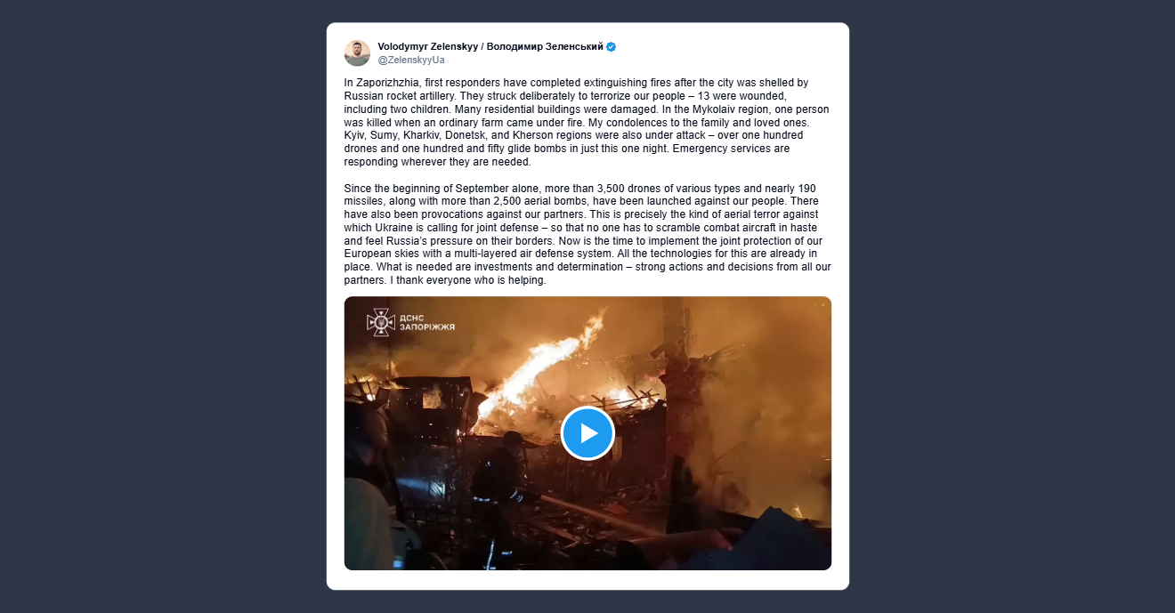 Zelensky: serve maggiore protezione nei cieli europei