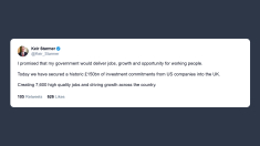 Starmer: 7.600 nuovi posti di lavoro grazie a investimenti Usa