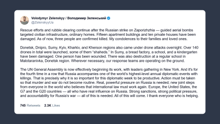 Zelensky: serve ulteriore pressione su Mosca da Ue, Usa, G7 e G20