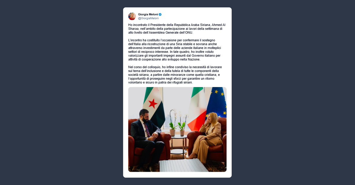Meloni: Italia al fianco della Siria per ricostruzione e tutela delle minoranze