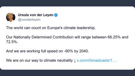 Von der Leyen: Europa a pieno ritmo per raggiungere neutralità climatica