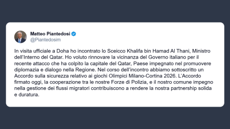 Piantedosi a Doha: accordo sicurezza per Giochi olimpici 2026 e cooperazione Forze di polizia