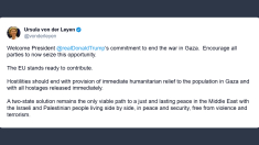 Von der Leyen: complimenti a Trump, Ue pronta a contribuire a Gaza