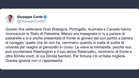 Conte: Meloni parla di pastarelle mentre il mondo riconosce la Palestina