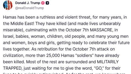 Comunicato con cui Trump dà l’ultimatum a Hamas
