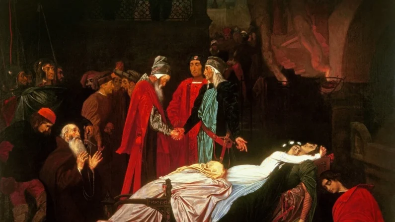 Frederic Leighton, Riconciliazione tra Montecchi e Capuleti sui corpi senza vita di Romeo e Giulietta. Collezione privata. Immagine ritagliata. Pubblico dominio.