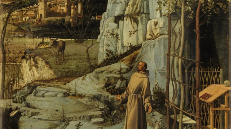 Giovanni Bellini, “San Francesco nel deserto”, particolare, 1475-1480 ca. Collezione Frick, New York City. Pubblico dominio.