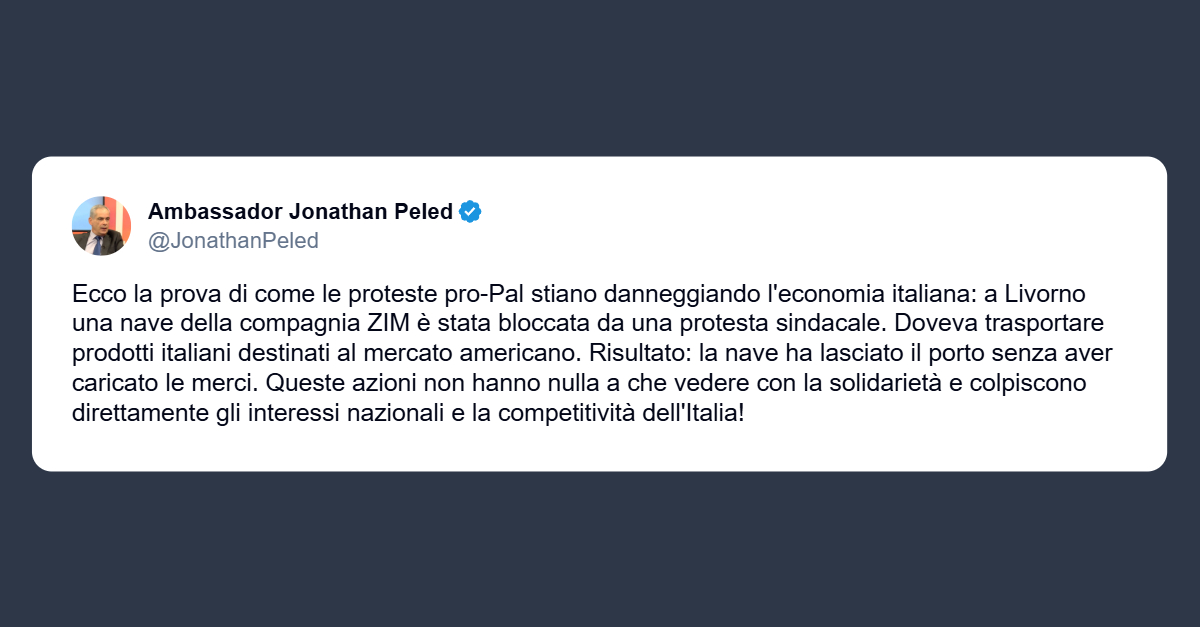 Ambasciatore di Israele a Roma: le proteste “pro-Pal” danneggiano l’economia italiana