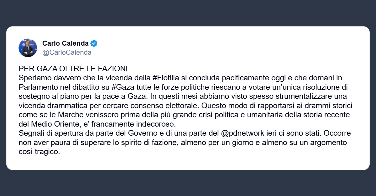 Calenda: lavoriamo per Gaza oltre le fazioni