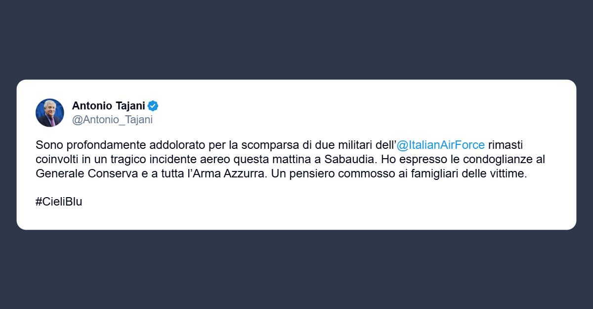 Tajani: cordoglio all’italian Air Force
