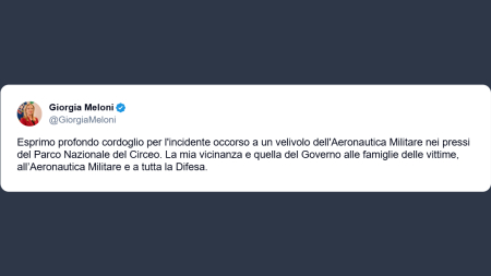 Meloni: cordoglio incidente Aeronautica Militare