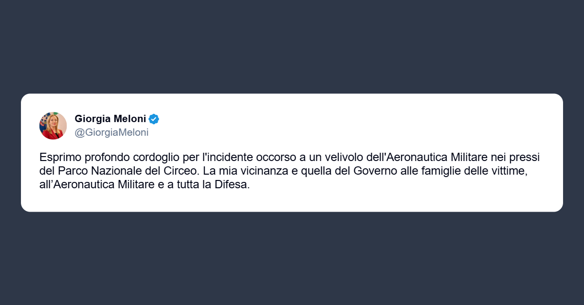 Meloni: cordoglio incidente Aeronautica Militare