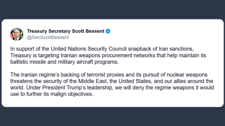 Bessent: Usa a fianco dell’Onu per applicare le nuove sanzioni contro l’Iran