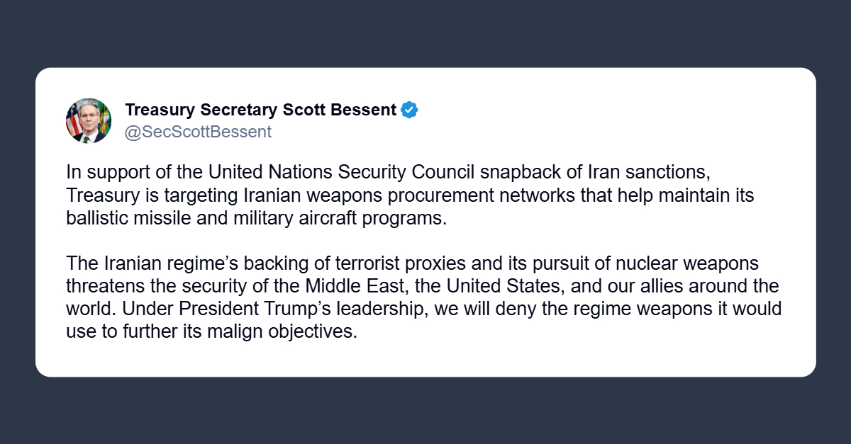 Bessent: Usa a fianco dell’Onu per applicare le nuove sanzioni contro l’Iran