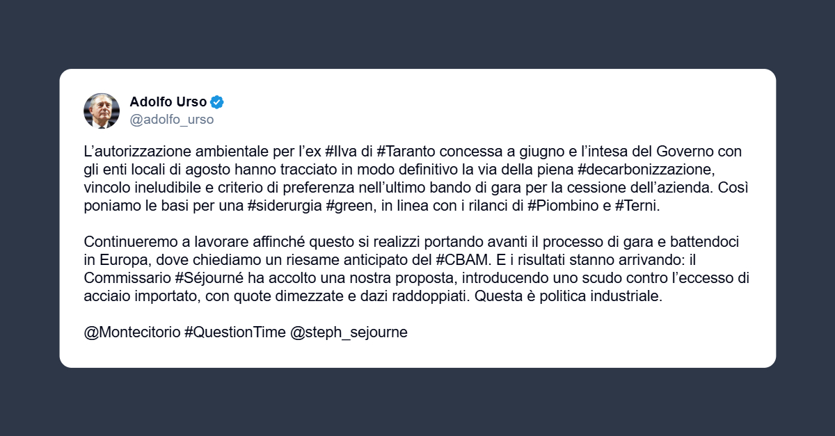 Urso: autorizzazione ambientale porta Ex Ilva verso decarbonizzazione
