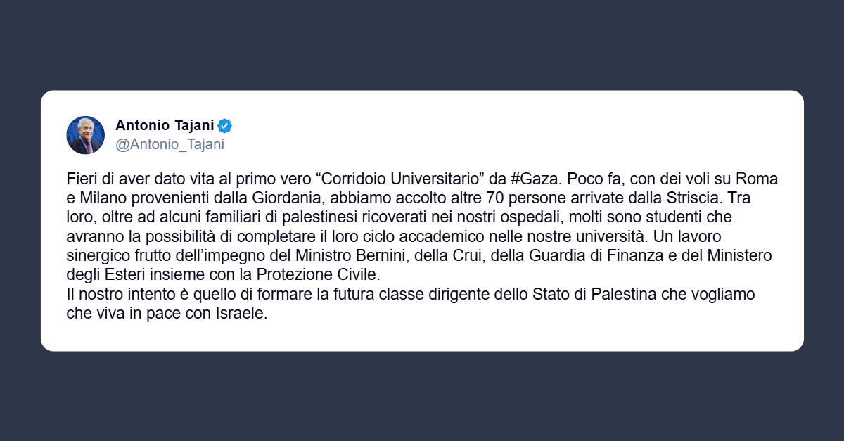 Tajani: fieri di aver dato vita al primo vero “Corridoio Universitario” da Gaza