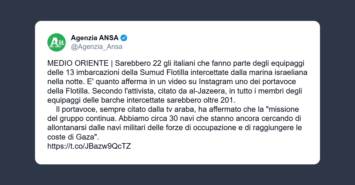 Ansa: oltre 200 membri della Flotilla intercettati
