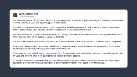 Ramaphosa attacca Israele per la gestione del caso Flotilla