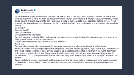 Crosetto: bruciare tutto, fermare tutto e spaventare tutti serve solo a fare del male agli italiani