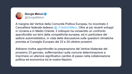 Meloni incontra cancelliere tedesco Friedrich Merz
