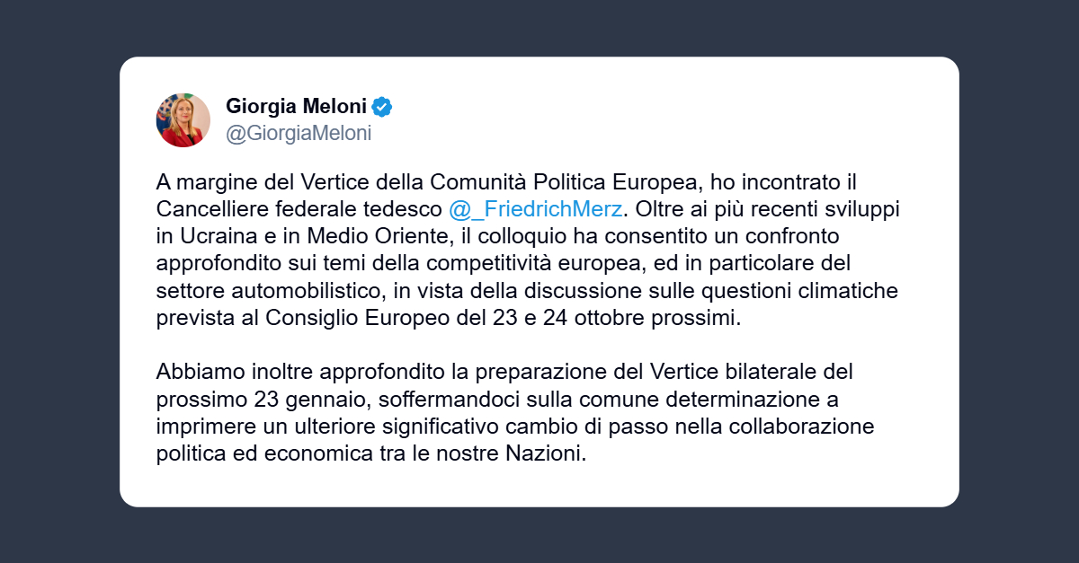 Meloni incontra cancelliere tedesco Friedrich Merz