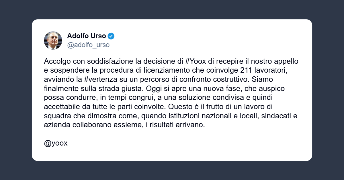 Adolfo Urso positivo sulla vertenza Yoox
