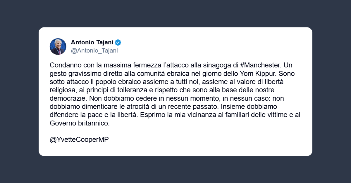 Tajani sull’attacco alla sinagoga di Manchester